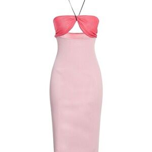 Nensi Dojaka Pink Ribbed Strapless Halter Bandage Bodycon Midi Dress - Size Smal